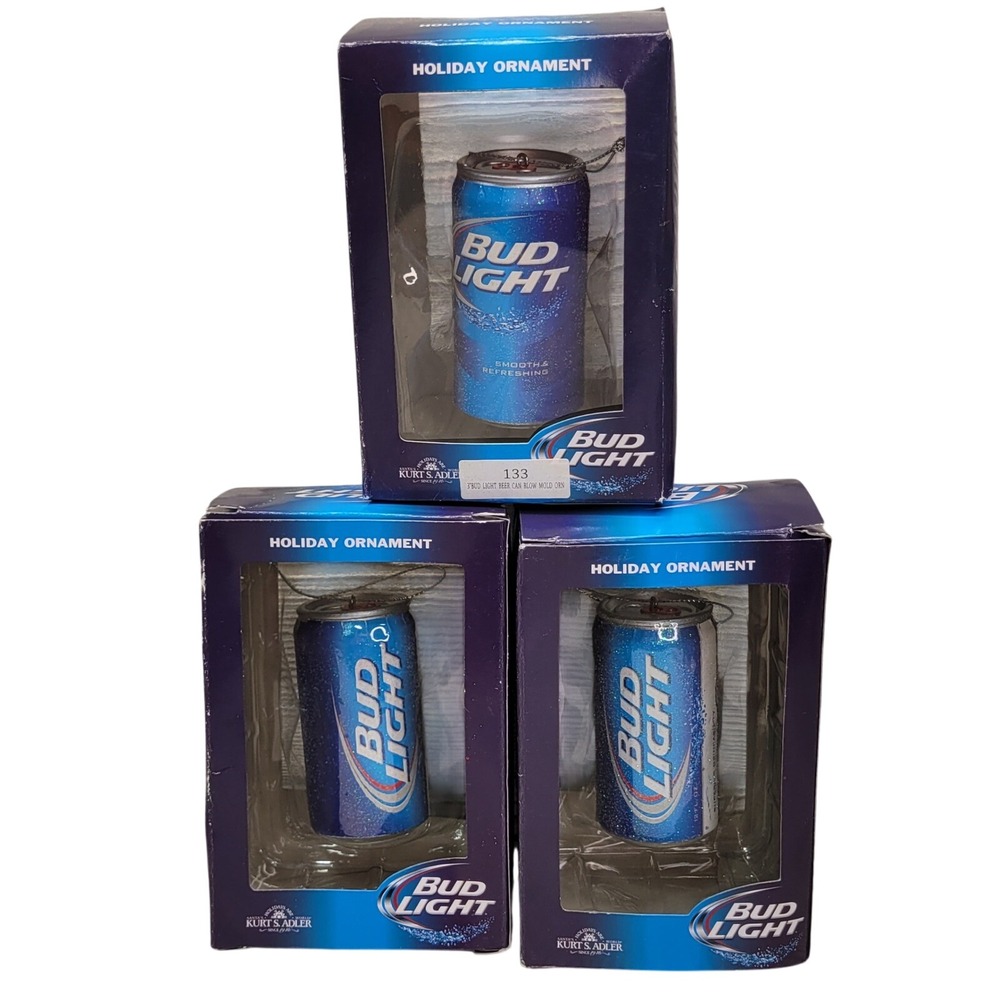 3 Kurt Adler Bud Light Beer Can Christmas Tree Man Cave Ornament Blue Blow Mold